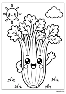 Cute celery coloring page with a happy smiling face and bold outlines for kids.