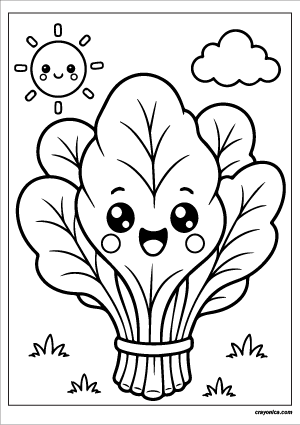 Cute spinach coloring page with a happy smiling face and bold outlines for kids.
