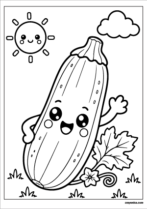 Cute zucchini coloring page with a happy smiling face and bold outlines for kids.