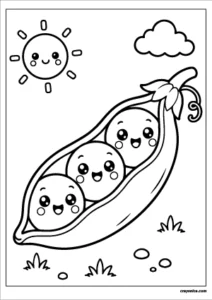 Cute peas coloring page with happy smiling peas in a pod and bold outlines for kids.