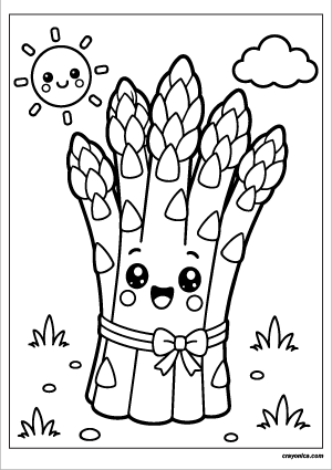 Cute asparagus coloring page with a happy smiling face and bold outlines for kids.