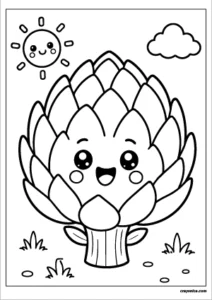 Cute artichoke coloring page with a happy smiling face and bold outlines for kids.