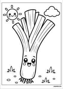 Cute leek coloring page with a happy smiling face and bold outlines for kids.