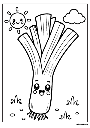 Cute leek coloring page with a happy smiling face and bold outlines for kids.