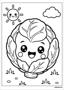Cute Brussels sprouts coloring page with a happy smiling face and bold outlines for kids.