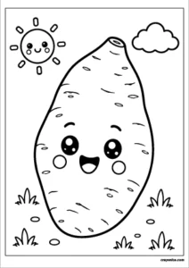 Cute sweet potato coloring page with a happy smiling face and bold outlines for kids.