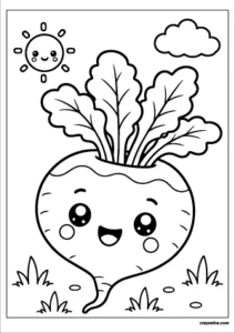 Cute turnip coloring page featuring a smiling turnip with bold outlines for kids.