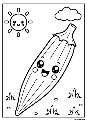 Cute okra coloring page featuring a smiling okra pod with bold outlines for kids.