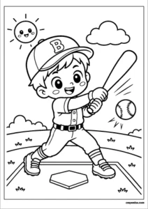 Cute boy baseball player swinging a bat coloring page with a happy smile and bold outlines for kids.