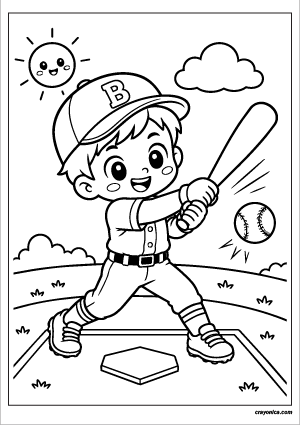 Cute boy baseball player swinging a bat coloring page with a happy smile and bold outlines for kids.