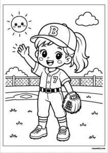 Cute girl baseball player waving with a happy smile and bold outlines for kids.