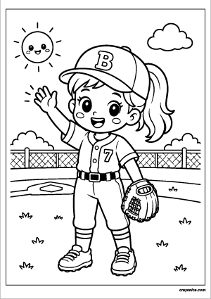Cute girl baseball player waving with a happy smile and bold outlines for kids.