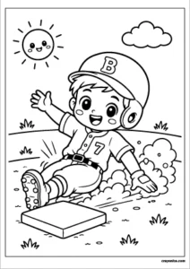 Cute baseball player sliding into base coloring page with a happy smile and bold outlines for kids.