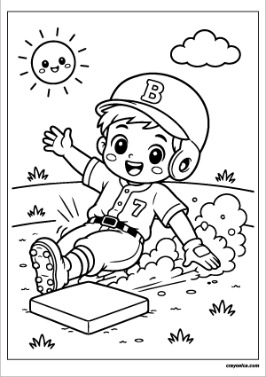Cute baseball player sliding into base coloring page with a happy smile and bold outlines for kids.