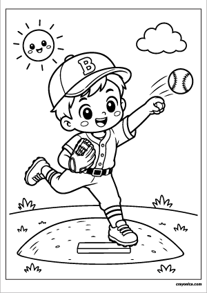 Cute baseball pitcher throwing a fastball with a happy smile and bold outlines for kids.