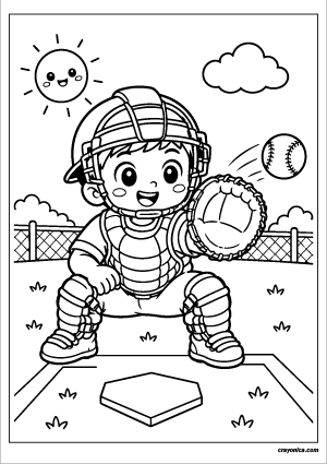 Cute baseball catcher ready to catch with a happy smile and bold outlines for kids.