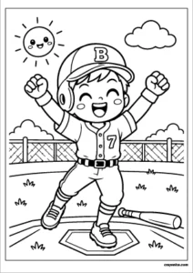 Cute baseball player celebrating a home run with raised arms and bold outlines for kids.