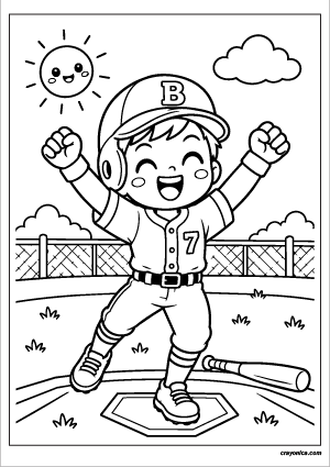 Cute baseball player celebrating a home run with raised arms and bold outlines for kids.