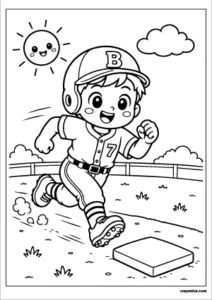 Cute baseball player running between bases with a happy smile and bold outlines for kids.