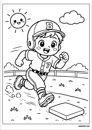 Cute baseball player running between bases with a happy smile and bold outlines for kids.