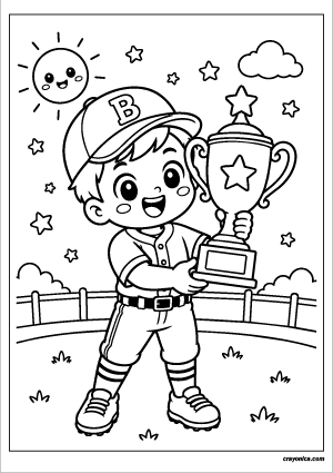 Cute baseball player holding a championship trophy with a happy smile and bold outlines for kids.