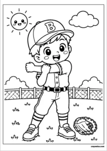 Cute young baseball player stretching before a game with bold outlines for kids.