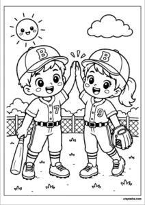 Cute baseball friends coloring page featuring smiling kids in baseball uniforms with bold outlines.