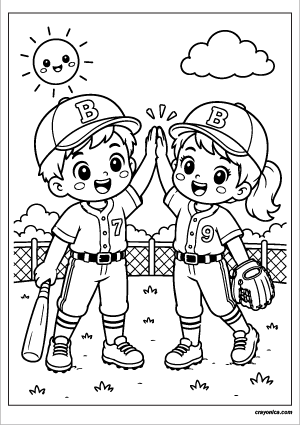 Cute baseball friends coloring page featuring smiling kids in baseball uniforms with bold outlines.