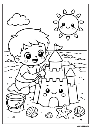 Cute kid building a smiling sandcastle at the beach coloring page with bold outlines for kids.