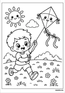 Cute kid flying a kite on a sunny day coloring page with bold outlines for kids.
