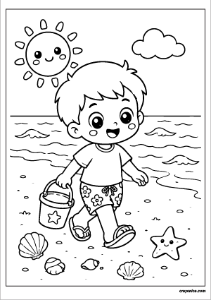 Cute kid enjoying a sunny beach day coloring page with bold outlines for kids.