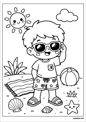 Cute kid wearing sunglasses and smiling on a sunny summer day coloring page with bold outlines.