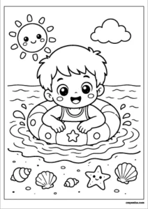 Cute kid swimming with a float ring coloring page featuring bold outlines for kids.