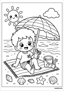 Cute kid relaxing under a beach umbrella coloring page with bold outlines for kids.