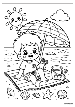 Cute kid relaxing under a beach umbrella coloring page with bold outlines for kids.