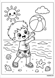 Cute kid playing with a beach ball coloring page featuring bold outlines for kids.