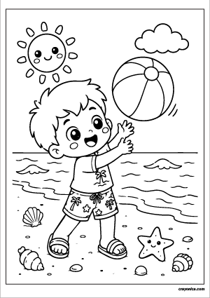 Cute kid playing with a beach ball coloring page featuring bold outlines for kids.