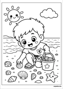 Cute kid collecting seashells on the beach coloring page with bold outlines for kids.