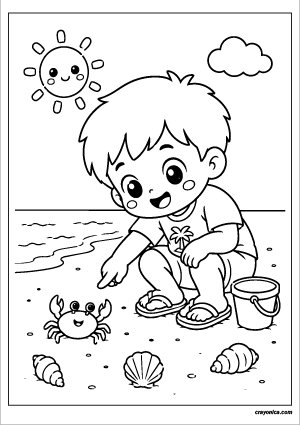 Cute kid looking for tiny crabs on the beach coloring page with bold outlines for kids.