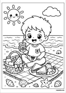 Cute kid having a summer picnic on the beach coloring page with bold outlines for kids.