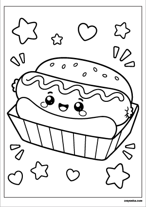 Cute hot dog coloring page with a smiling cartoon hot dog for kids.