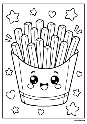 Cute French fries coloring page featuring smiling crispy fries in a fast food carton with bold outlines for kids.