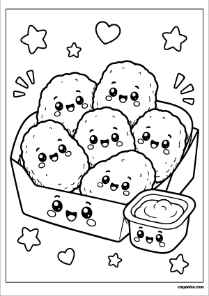 Cute chicken nuggets coloring page featuring smiling crispy chicken nuggets in a takeaway box with bold outlines for kids.