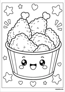 Cute fried chicken coloring page featuring smiling crispy fried chicken in a basket with bold outlines for kids.