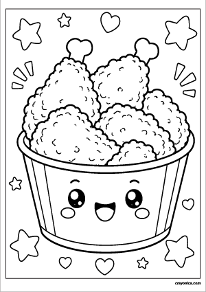 Cute fried chicken coloring page featuring smiling crispy fried chicken in a basket with bold outlines for kids.