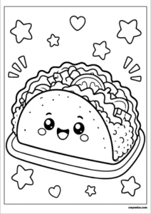 Cute taco coloring page featuring a smiling taco filled with delicious ingredients and bold outlines for kids.