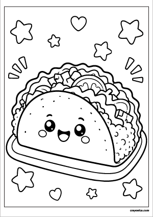 Cute taco coloring page featuring a smiling taco filled with delicious ingredients and bold outlines for kids.