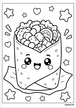 Cute burrito coloring page featuring a smiling burrito wrapped with tasty fillings and bold outlines for kids.