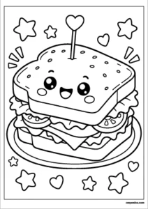 Cute sandwich coloring page featuring a smiling sandwich filled with fresh ingredients and bold outlines for kids.