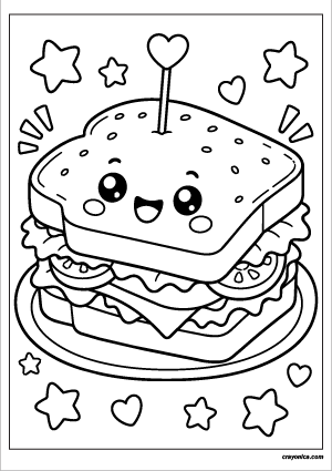 Cute sandwich coloring page featuring a smiling sandwich filled with fresh ingredients and bold outlines for kids.